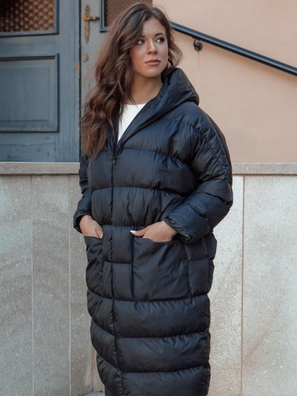 Černý prošívaný dlouhý kabát ANNIKA (Velikost ONE SIZE)