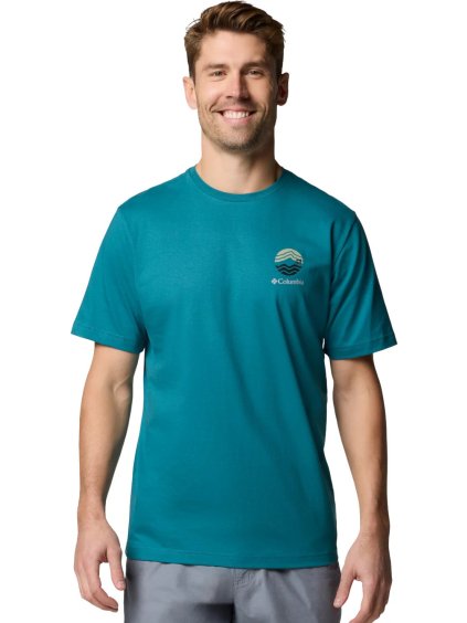 Tyrkysové pánské tričko s potiskem na zádech Columbia Kettle River Outdoor Tee