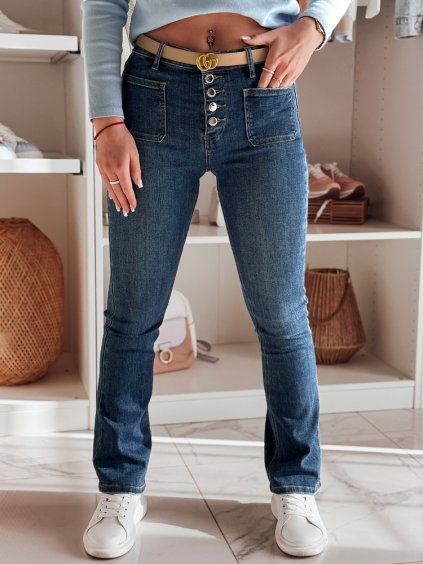 Tmavě modré dámské džíny do zvonu s ozdobnými kapsami BELLFLO