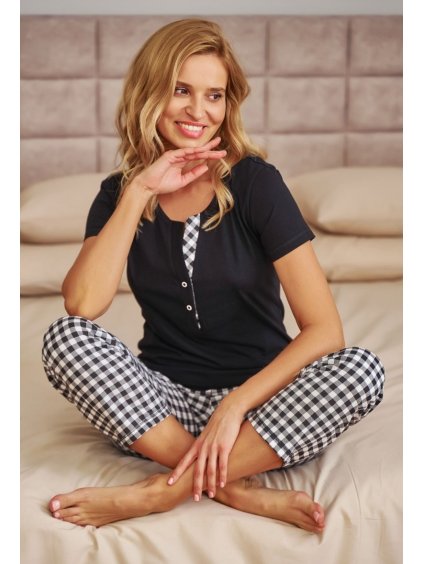 Bílo-černé dámské dlouhé pyžamo s kostkovanými kalhotami Doctor Nap