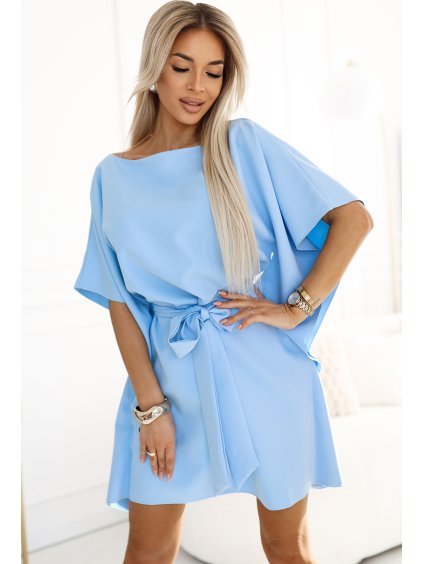 Elegantní světle modré šaty NICOLA s páskem