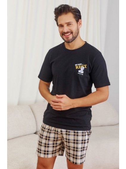 Černé pánské pyžamo s károvanými kraťasy Doctor Nap (Velikost S)
