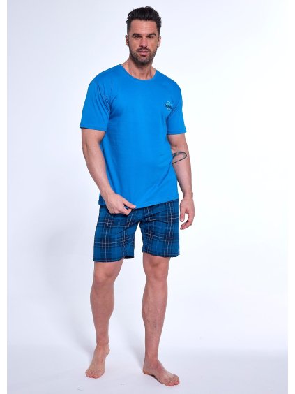 Modré pánské bavlněné pyžamo s károvanými kraťasy Cornette (Velikost 2XL, Barva modrá)