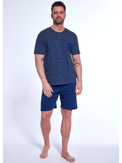 Tmavě modré pánské krátké pyžamo s pruhovaným tričkem Cornette (Velikost 2XL, Barva tmavě modrá)