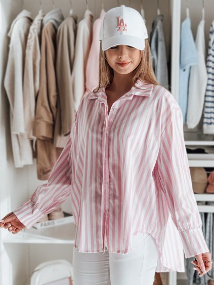 Bílo-růžová dámská oversize košile s prodlouženou zadní částí SAMONE