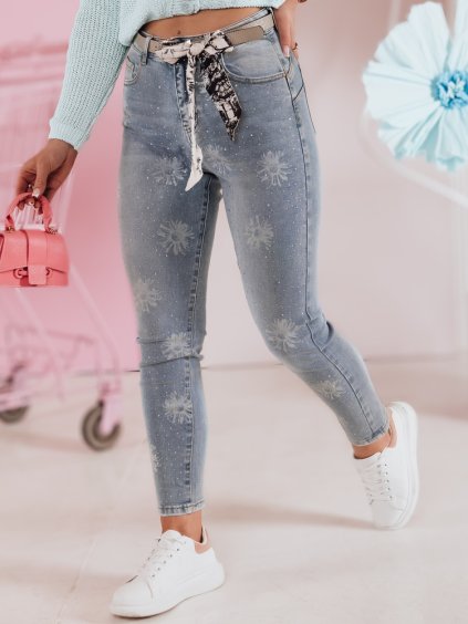 Světle modré dámské džíny s květinovým potiskem a kamínky CRYSTALUX