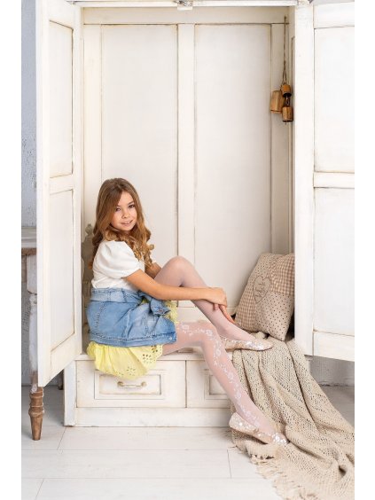 Bílé dívčí silonky s jemným květinovým vzorem 20 den Knittex Amelisse (Velikost 122/128, Barva bílá)