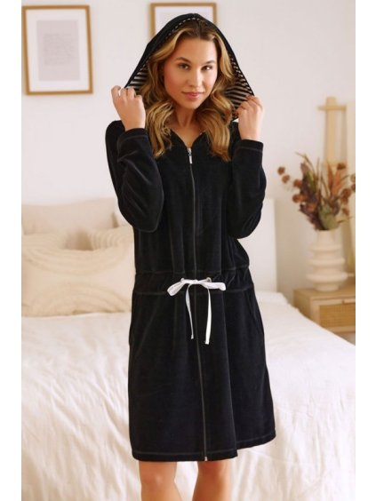 Černý velurový dámský župan se zapínáním na zip