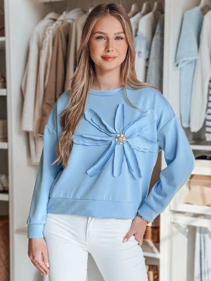 Světle modrá dámská mikina s květinovým motivem a broží  PETITKA