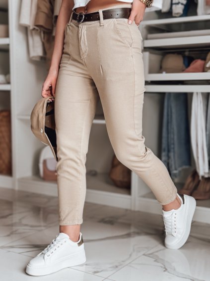 Béžové dámské slim fit kalhoty s vysokým pasem