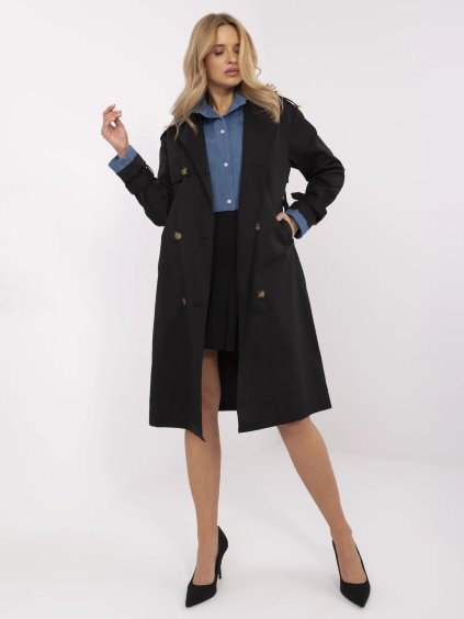 Černý dámský trenčkot s košilovou vsadkou