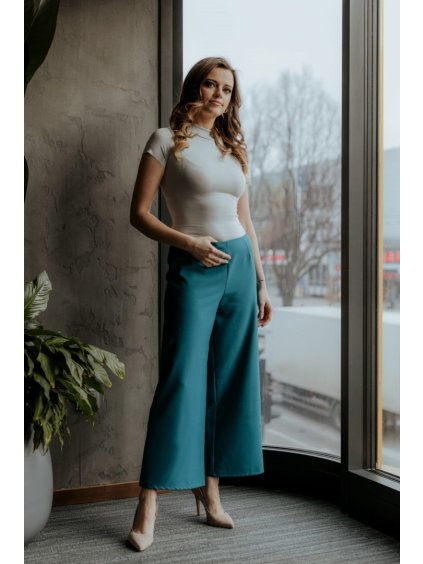 Smaragdové elegantní dámské široké kalhoty (Rozmiar S)