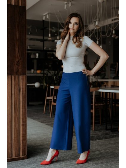 Tmavě modré elegantní dámské široké kalhoty (Rozmiar S)