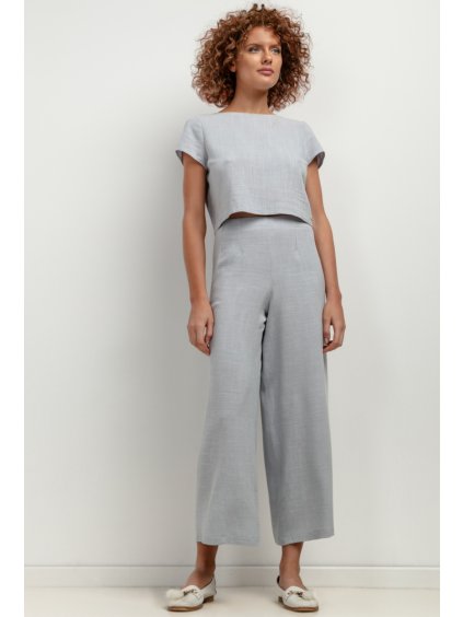 Šedé dámské lněné kalhoty s vysokým pasem (Rozmiar L)