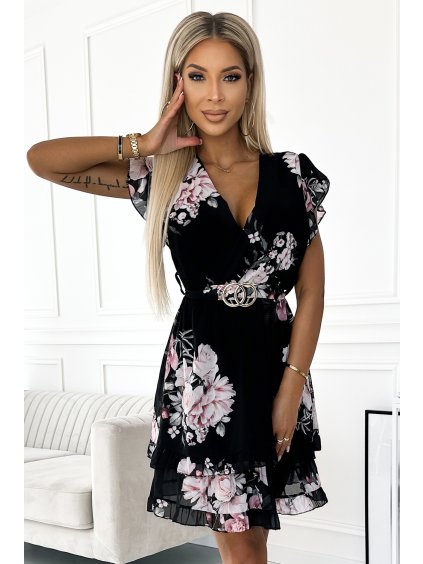 Květované šaty s páskem a krátkým rukávem PATRIZIA