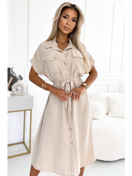 Béžové midi košilové šaty se zlatými knoflíky (Velikost ONE SIZE)