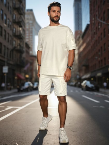 Smetanová pánská krátká tepláková souprava s kapsou na rukávu