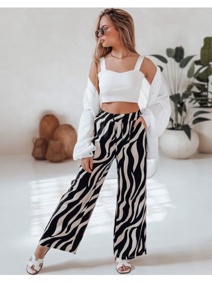 Černo-smetanové dámské široké letní kalhoty ZEBRAVIBE