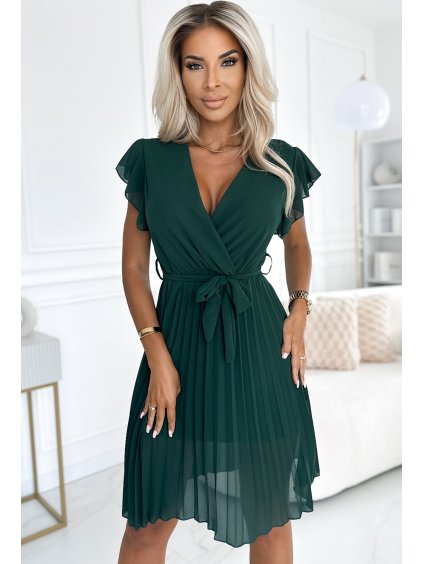 Šifónové lahvově zelené skládané šaty s výstřihem a volánky CLARISA