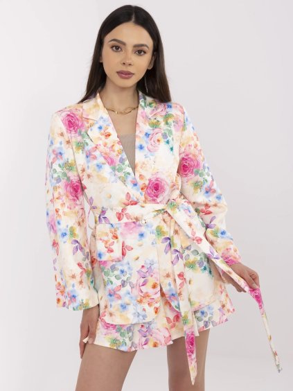 Smetanový dámský květinový set blejzru a sukně se všitými kraťasy (Velikost ONE SIZE)