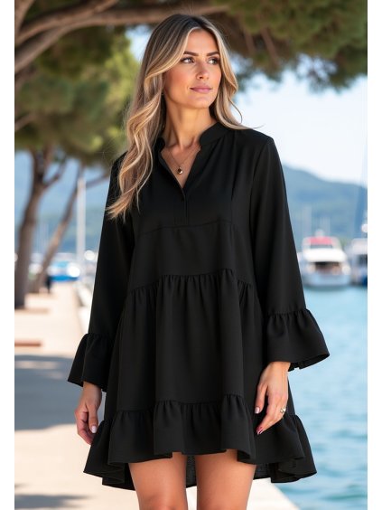 Černé dámské volné šaty s volány