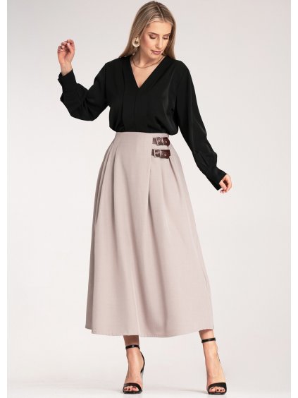 Béžová dámská elegantní midi sukně s bočními pásky a přezkami