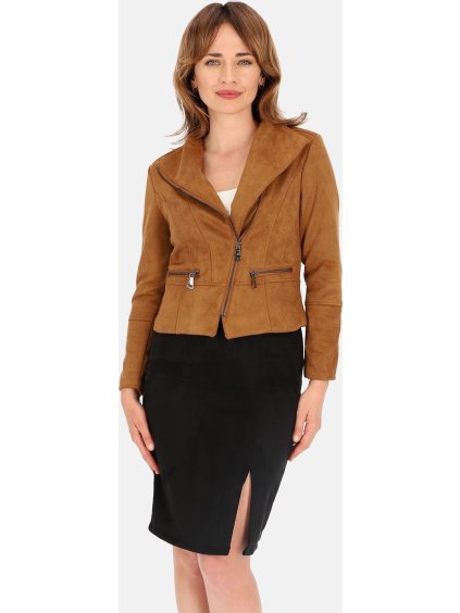 Hnědá dámská krátká bunda z umělého semiše (Velikost S)
