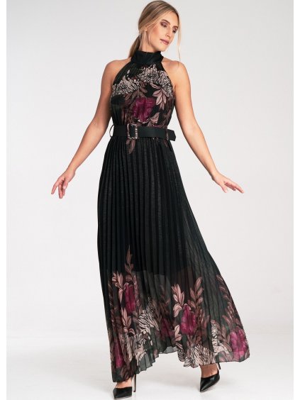 Černé dámské vzorované maxi šaty s odhalenými rameny