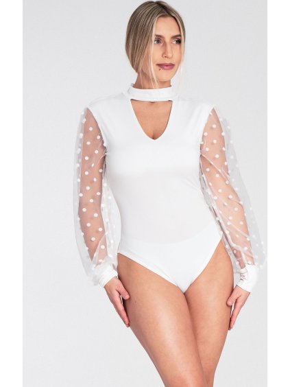 Bílé dámské body s puntíkovanými rukávy