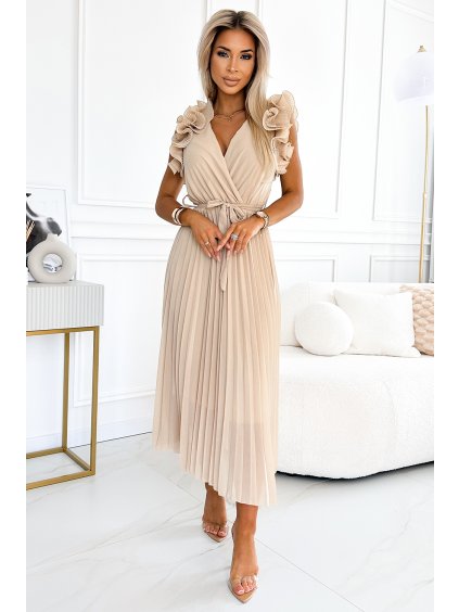 Béžové plisované midi šaty MIRABELLA