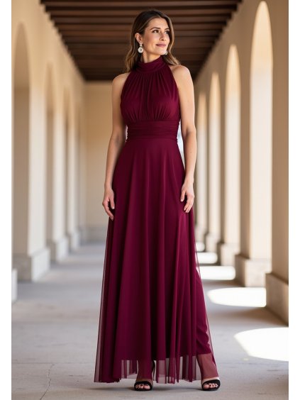 Vínové dámské maxi šaty s odhalenými rameny
