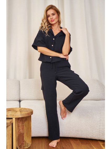 Elegantní černé dámské mušelínové pyžamo