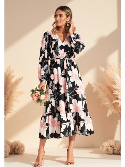 Černo-růžové dámské květované šaty s dlouhými rukávy