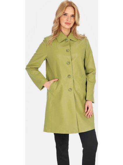 Zelený dámský koženkový kabát s límečkem