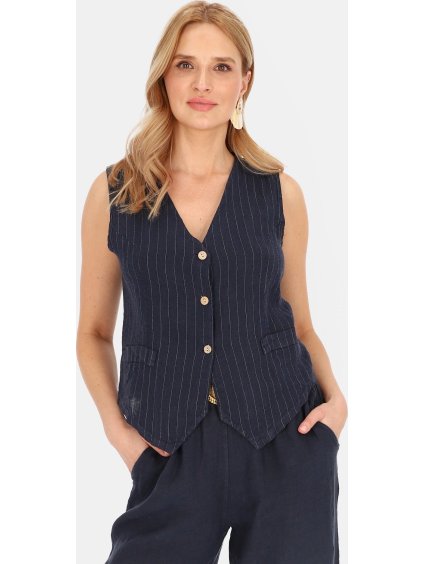 Tmavě modrá dámská elegantní lněná vesta s pruhy