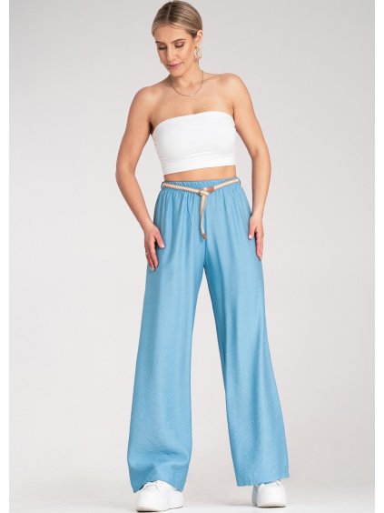 Světle modré dámské viskózové boho kalhoty s elastickým pasem