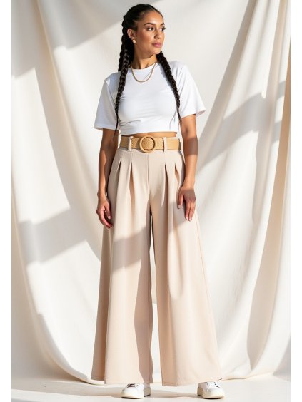 Béžové dámské elegantní široké kalhoty s vysokým pasem