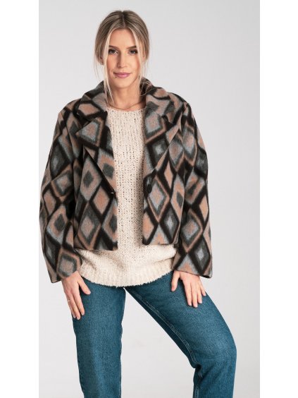 Vzorovaná dámská krátká fleecová bunda s límcem