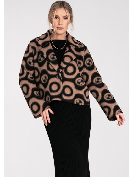 Béžovo-černá vzorovaná dámská krátká fleecová bunda s límcem