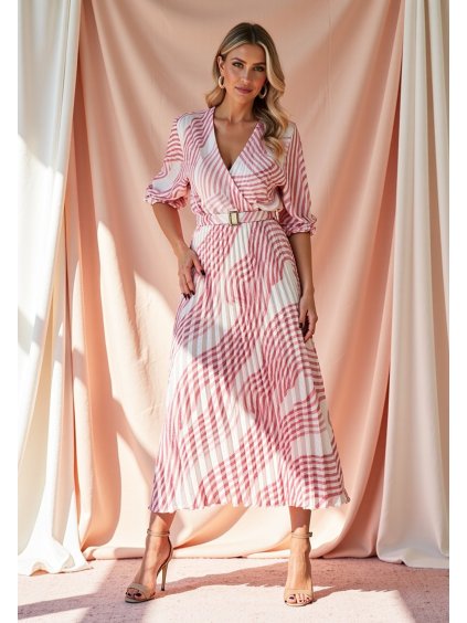 Smetanovo-růžové dámské vzorované šaty