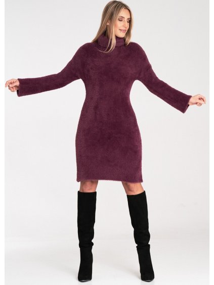 Vínové dámské svetrové šaty s rolákem