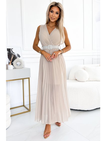 Béžové plisované midi šaty s páskem