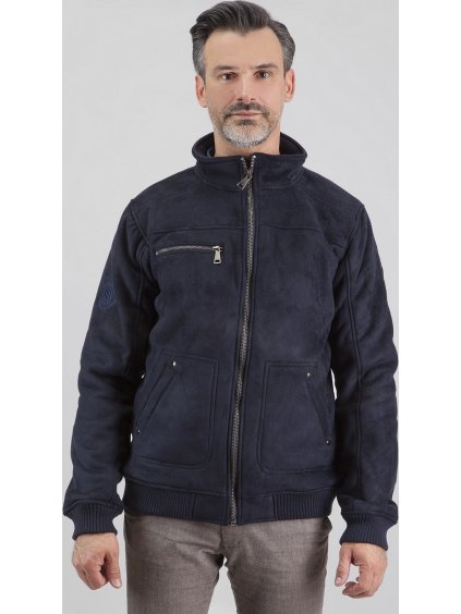 Tmavě modrá pánská semišová bunda se zapínáním na zip