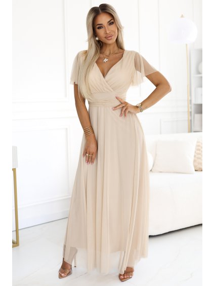 Béžové dlouhé šaty NASTIA (Velikost ONE SIZE)