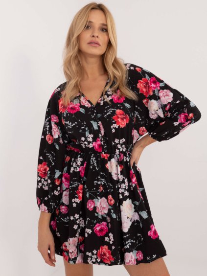 Černé dámské květované mini šaty s výstřihem do V