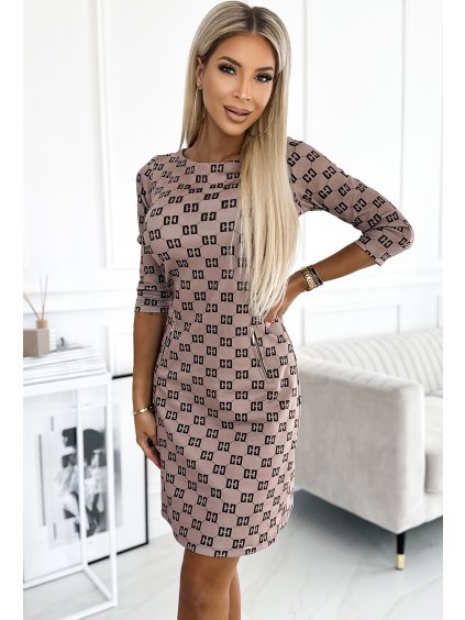 (Vel. L) Béžové vzorované šaty se zlatými zipy MARY