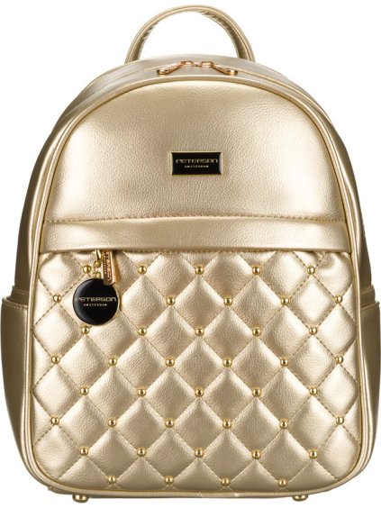 Peterson Módní zlatý prošívaný dámský batoh se stříbrným kováním