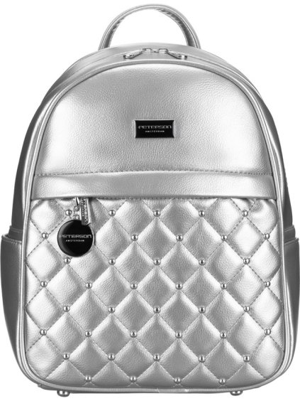 Peterson Módní stříbrný prošívaný dámský batoh se stříbrným kováním