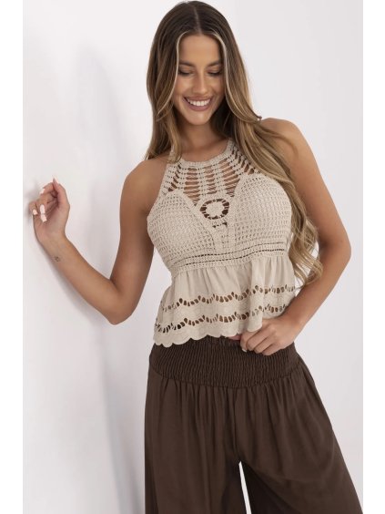 Béžový dámský prolamovaný boho crop top