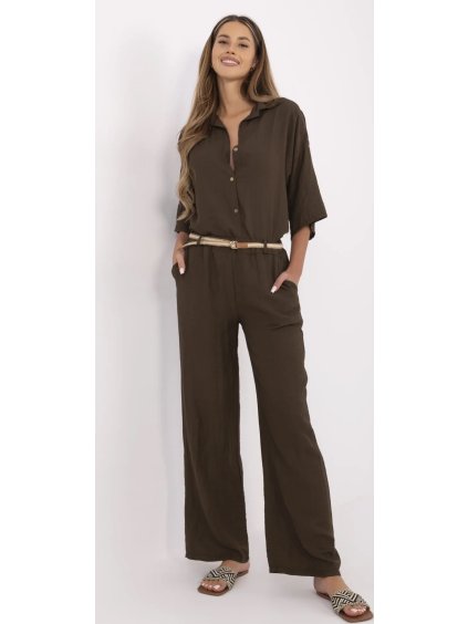 Tmavě hnědé dámské letní viskózové kalhoty s pleteným páskem